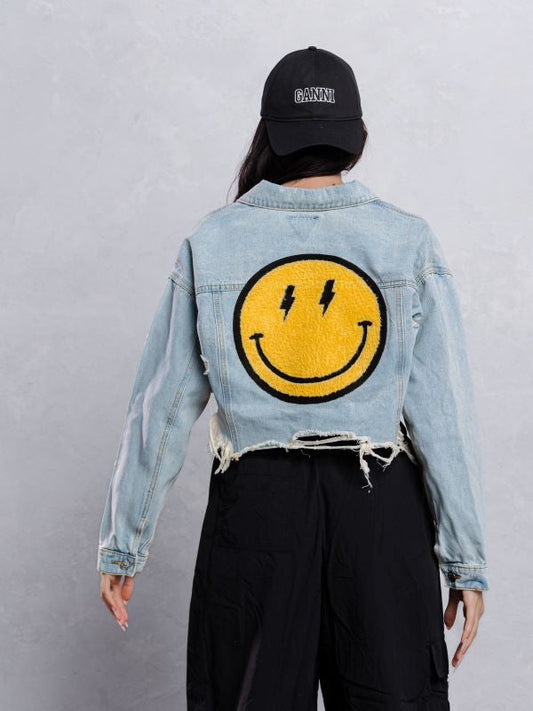 "Good Day" Cropped Distressed Denim Jacket