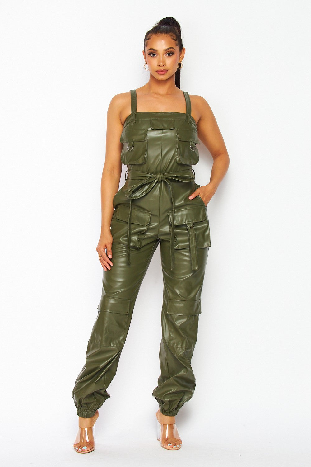 Faux Leather Cargo Jogger Jumpsuit