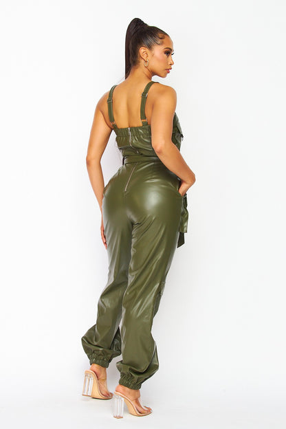 Faux Leather Cargo Jogger Jumpsuit