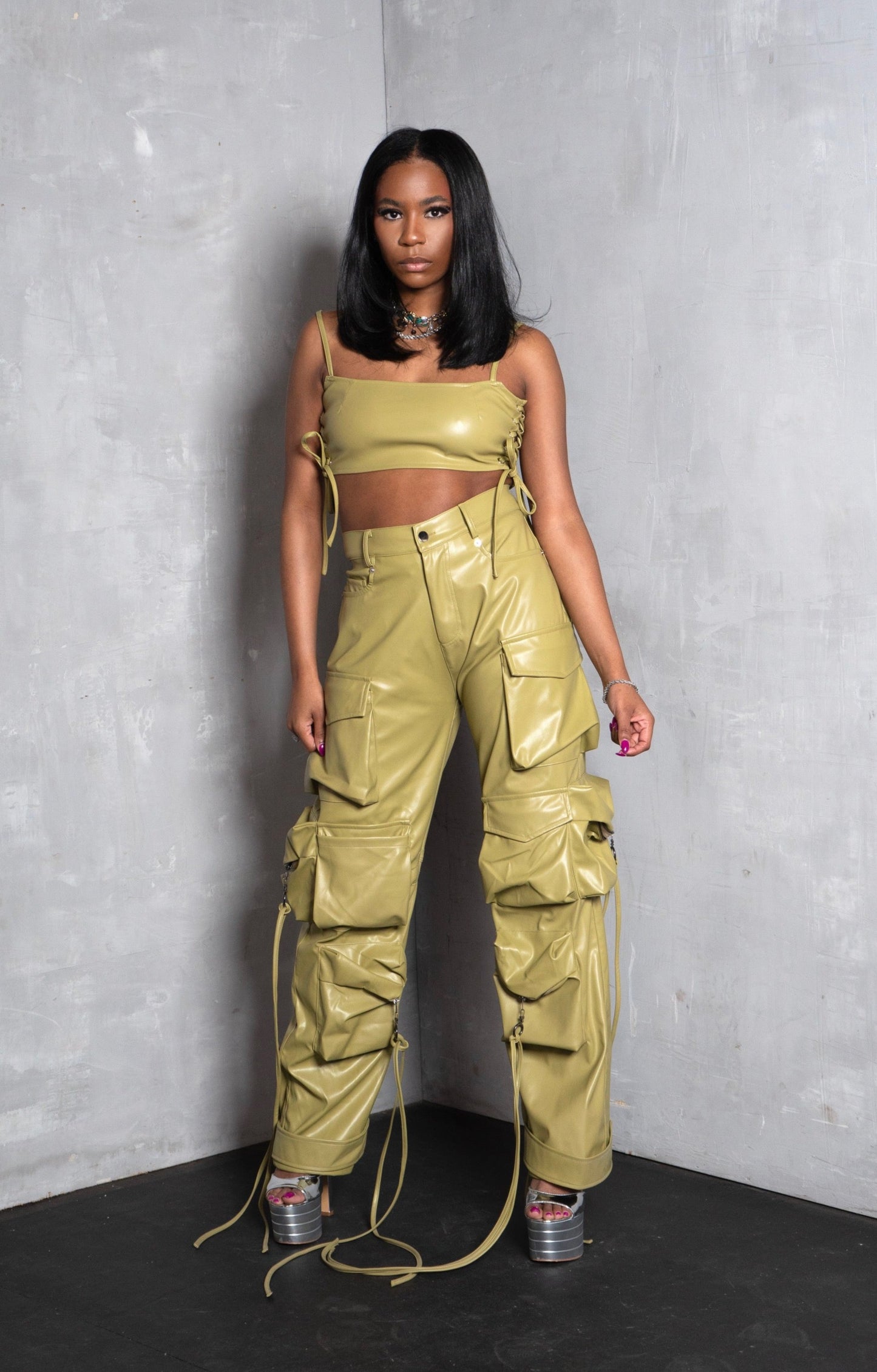 Olive You Faux Leather Cargo Pants (UNISEX)